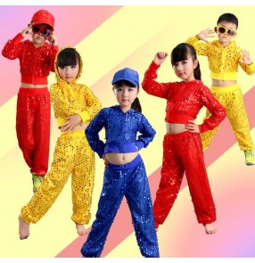 royal blue red yellow gold sequins long sleeves hoodies long pants boy kids children girls cos play modern dance school performance hip hop jazz dance outfits costumes